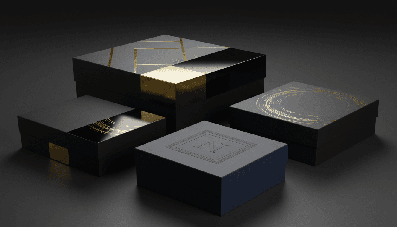 Premium packaging with hot foil stamping, embossing, and spot UV finishing