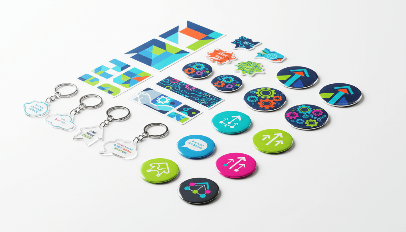 Custom branded promotional products including stickers, magnets, and keychains