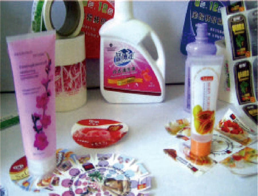 Specialty material labels for cosmetics and household products — vinyl and synthetic substrates